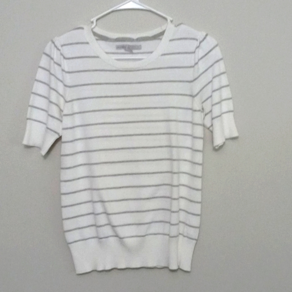 Gray and white striped knit top